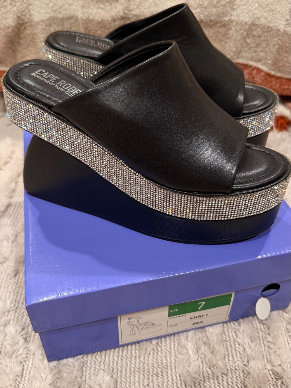 Cape Robbin Black Platform Slide Sandals with Rhinestone Trim - Picture 2 of 2